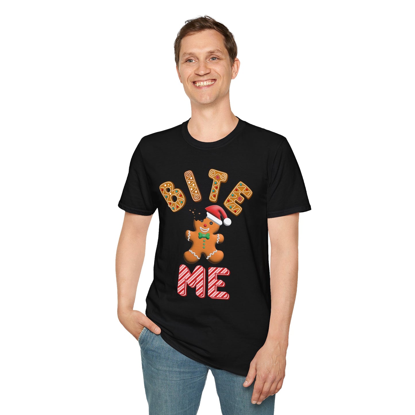 "Bite Me" Gingerbread Man Christmas Softstyle T-Shirt – Humorous Holiday Apparel