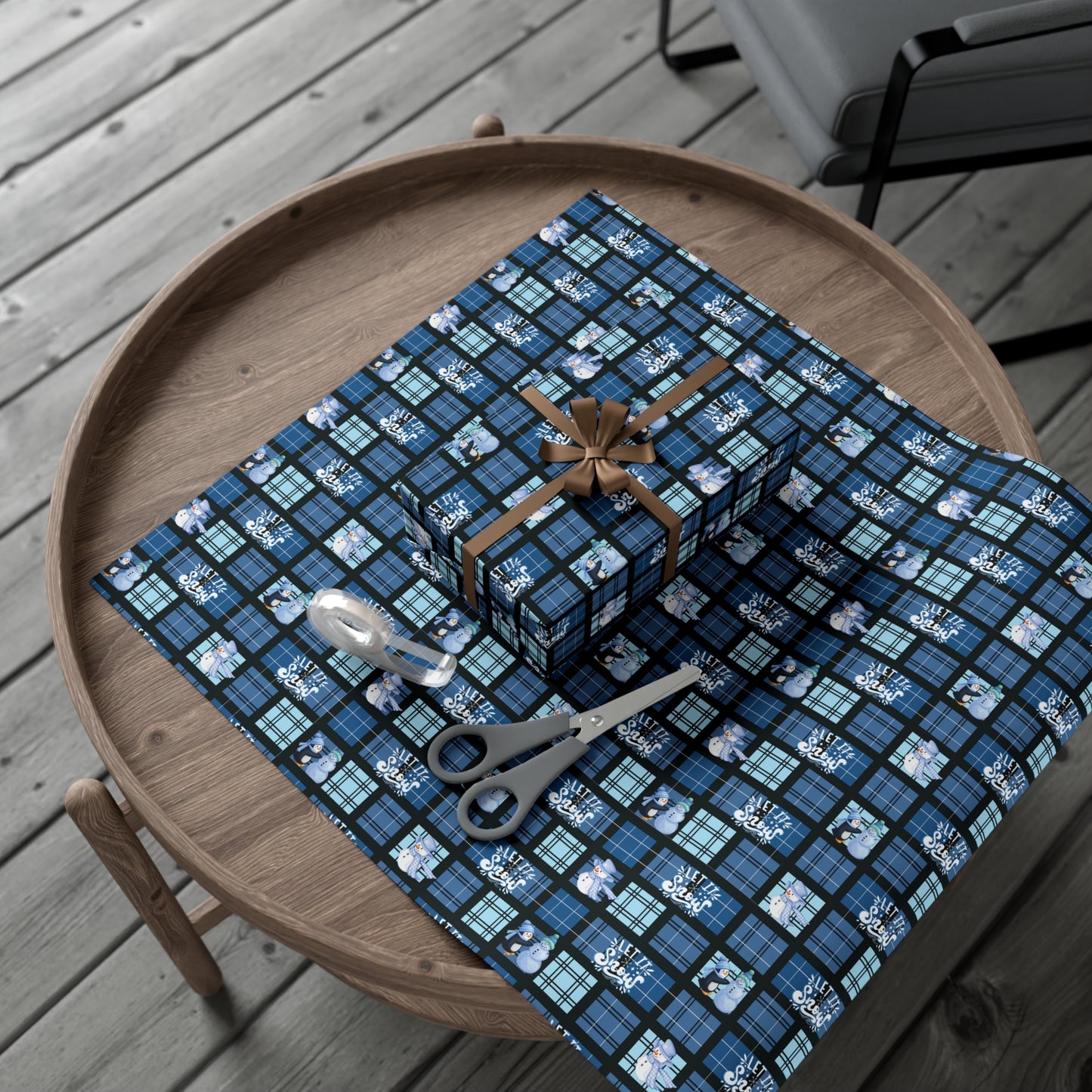 "Let It Snow"  Blue Plaid & Snowman Holiday Wrapping Paper Roll