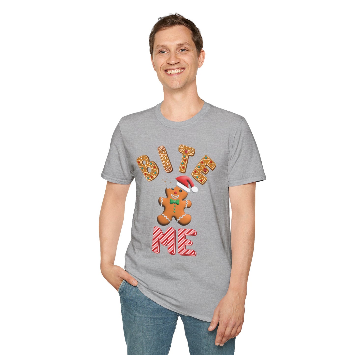 "Bite Me" Gingerbread Man Christmas Softstyle T-Shirt – Humorous Holiday Apparel