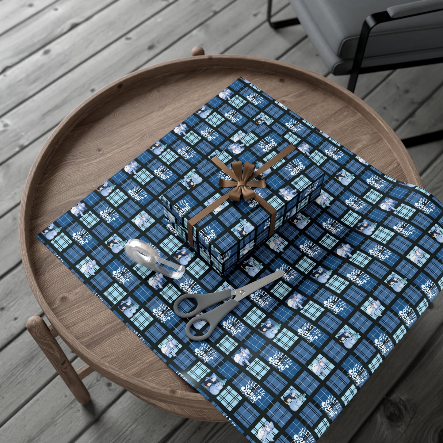 "Let It Snow"  Blue Plaid & Snowman Holiday Wrapping Paper Roll