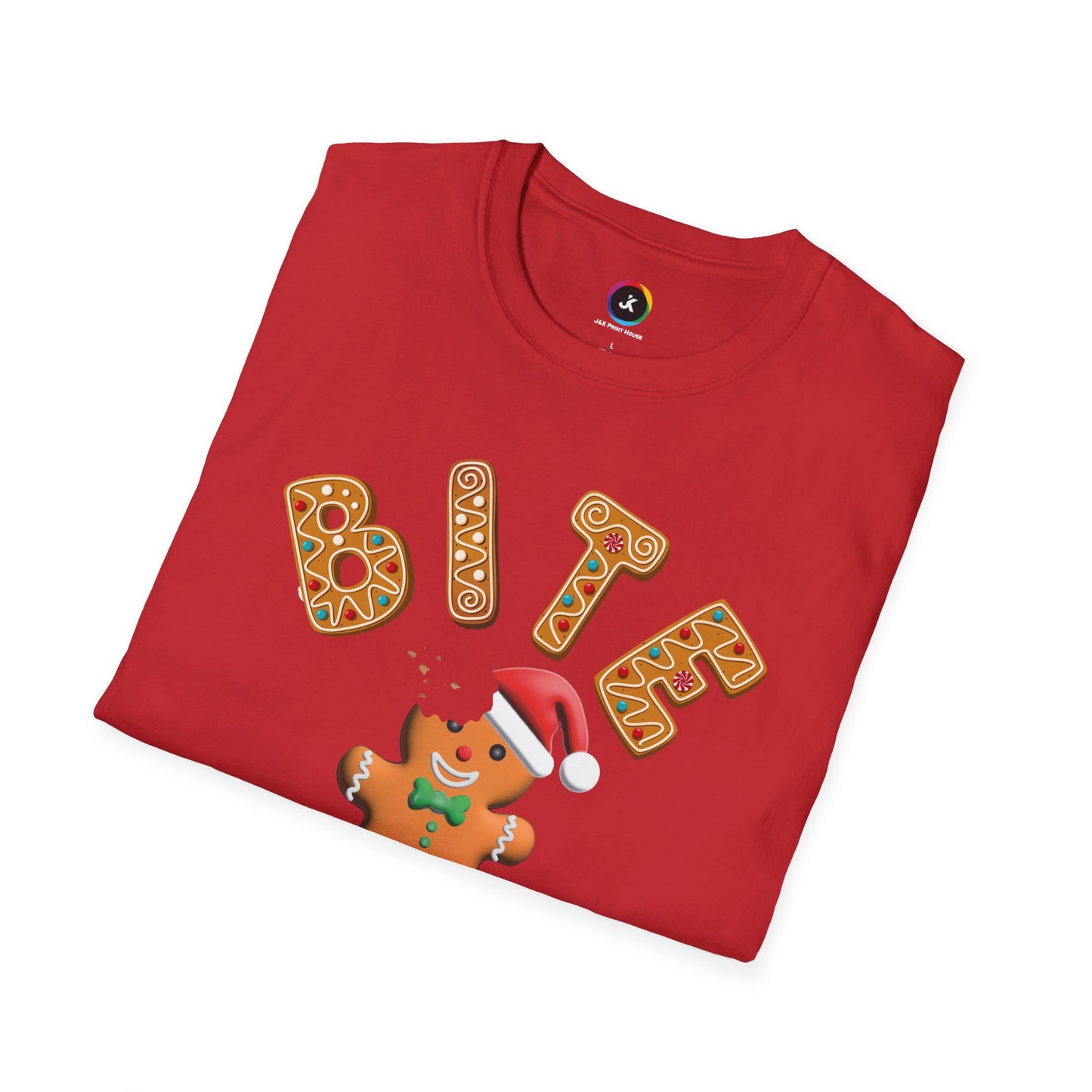 "Bite Me" Gingerbread Man Christmas Softstyle T-Shirt – Humorous Holiday Apparel