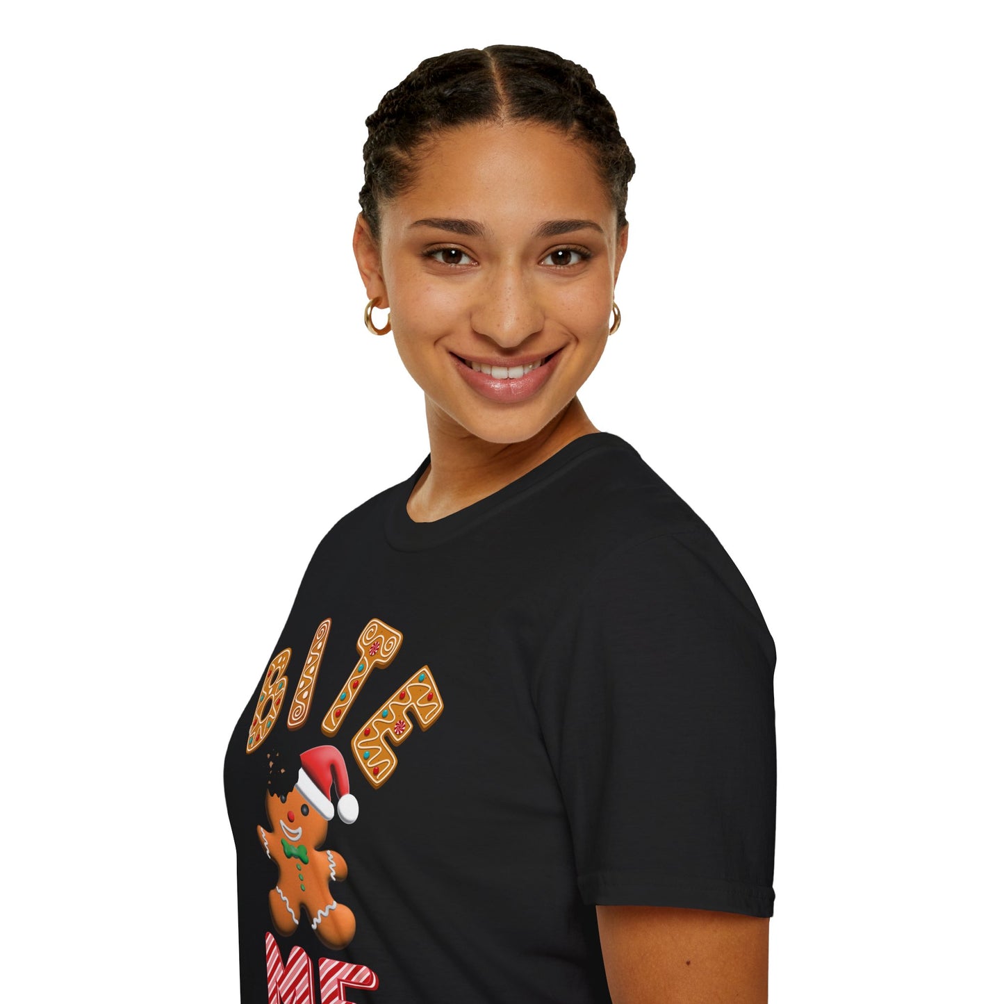 "Bite Me" Gingerbread Man Christmas Softstyle T-Shirt – Humorous Holiday Apparel