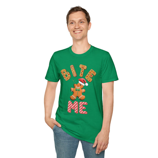 "Bite Me" Gingerbread Man Christmas Softstyle T-Shirt – Humorous Holiday Apparel