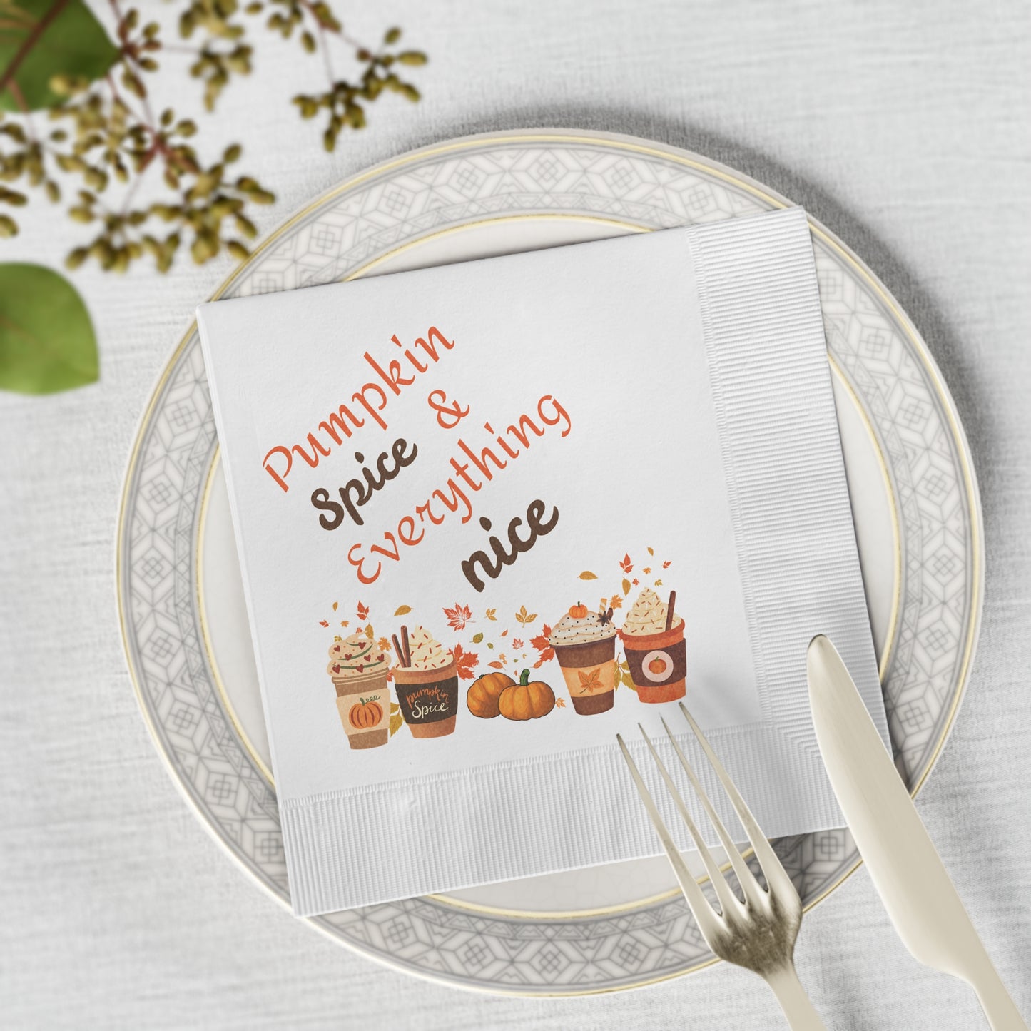 Fall Pumpkin Spice Latte Design White Coined Napkins