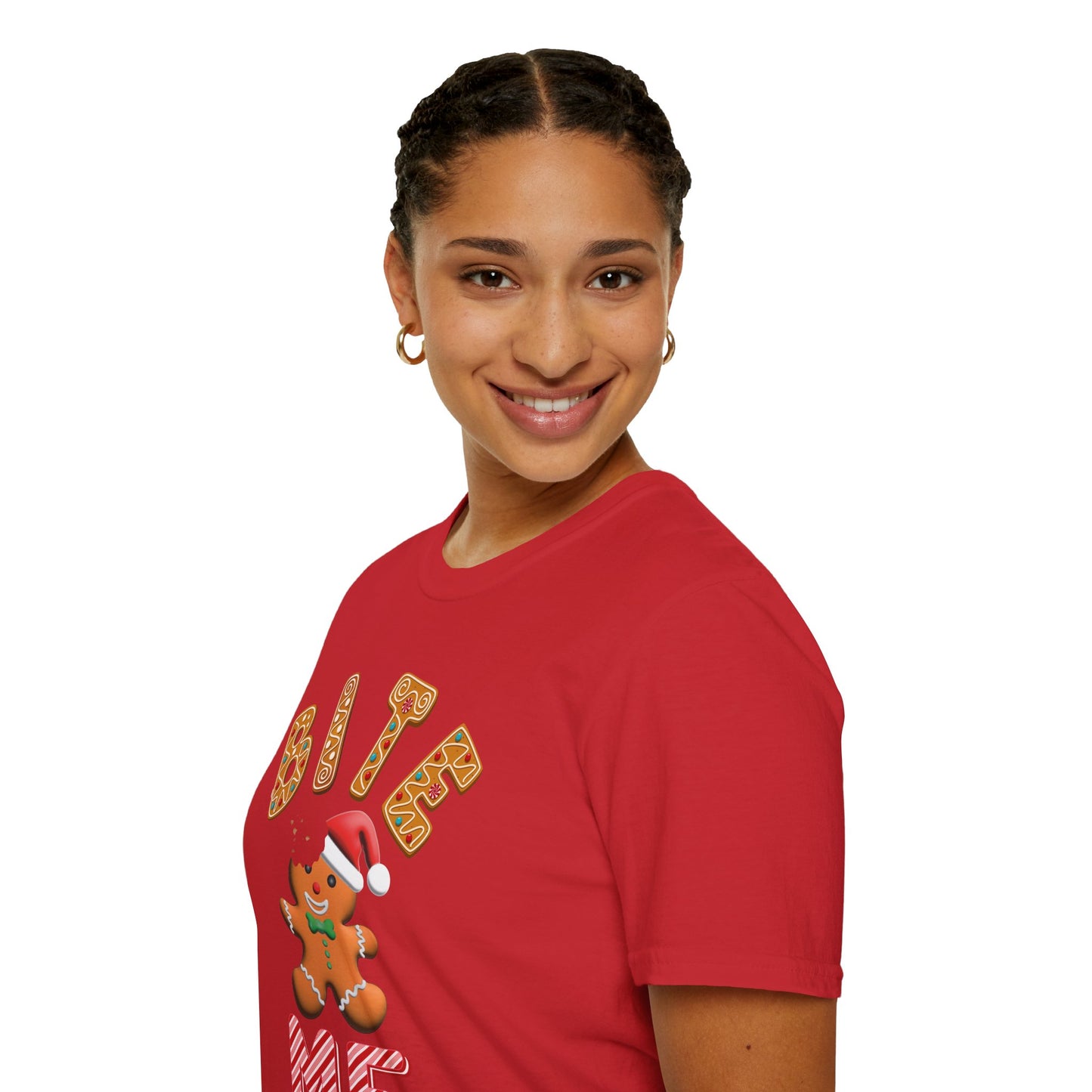 "Bite Me" Gingerbread Man Christmas Softstyle T-Shirt – Humorous Holiday Apparel