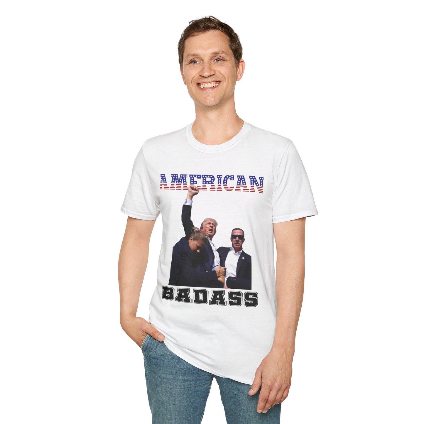 American Badass Pro-Trump Softstyle T-Shirt – Tribute to Trump's Resilience