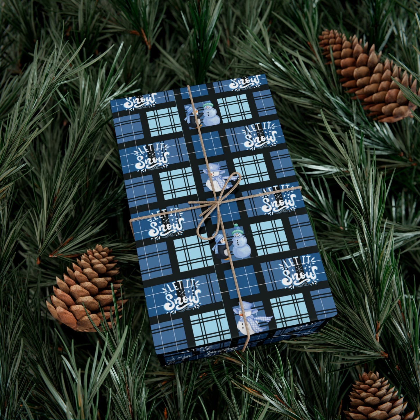 "Let It Snow"  Blue Plaid & Snowman Holiday Wrapping Paper Roll