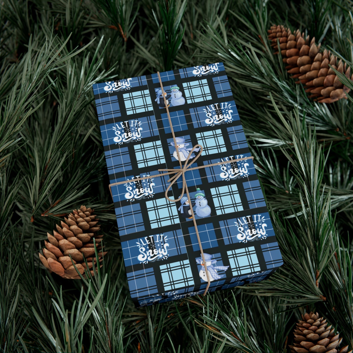 "Let It Snow"  Blue Plaid & Snowman Holiday Wrapping Paper Roll