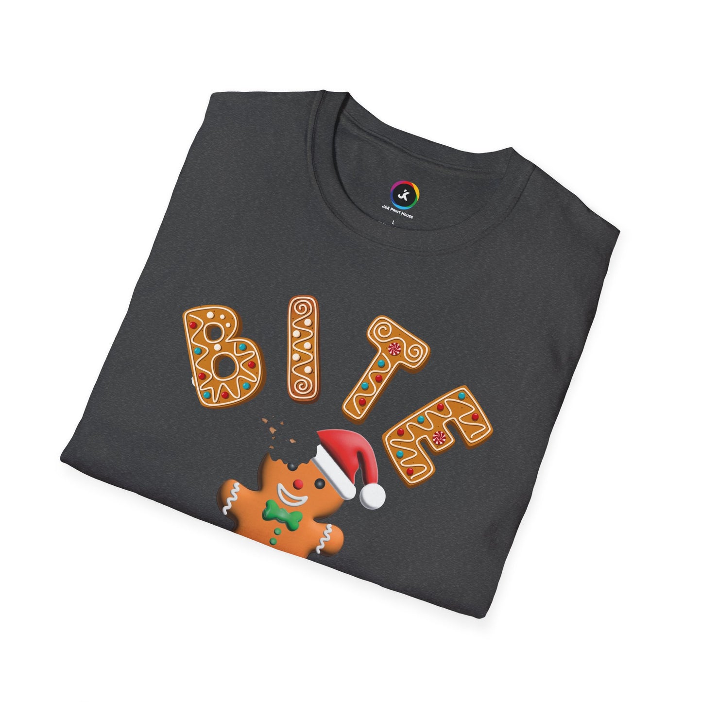 "Bite Me" Gingerbread Man Christmas Softstyle T-Shirt – Humorous Holiday Apparel