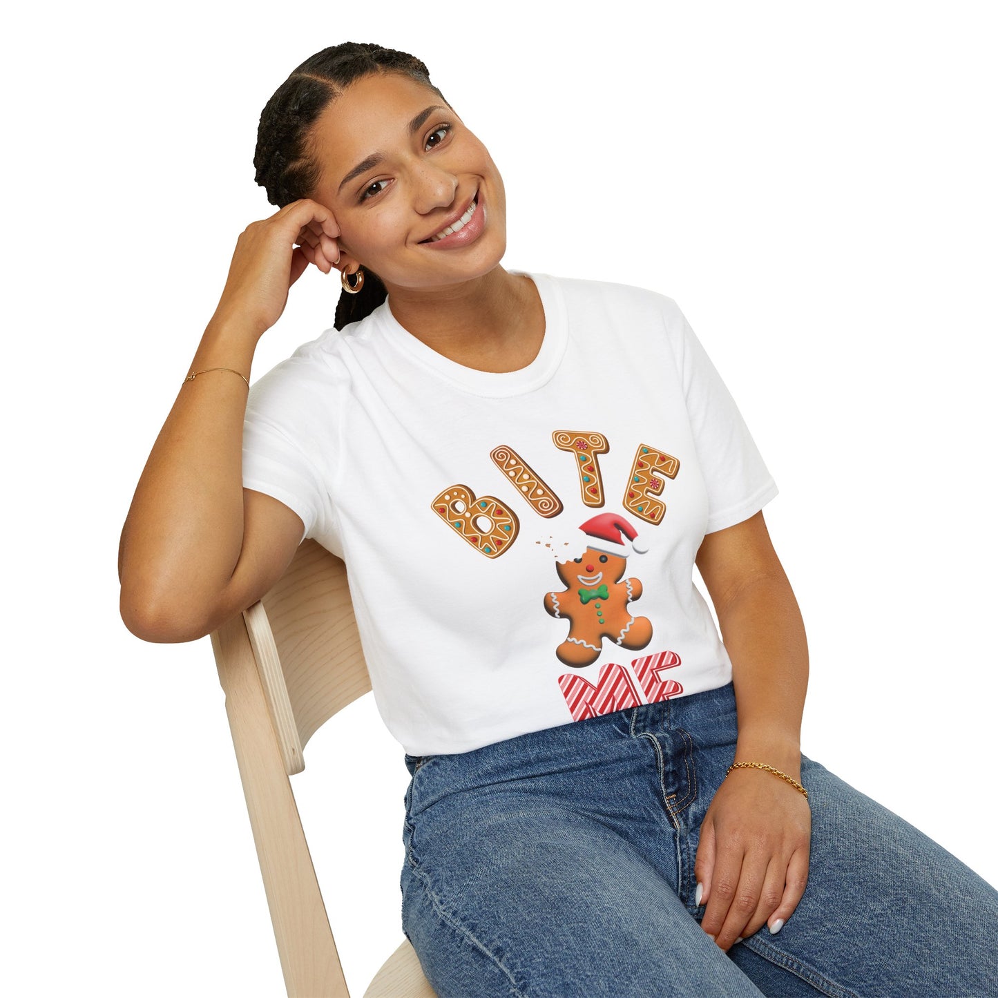 "Bite Me" Gingerbread Man Christmas Softstyle T-Shirt – Humorous Holiday Apparel