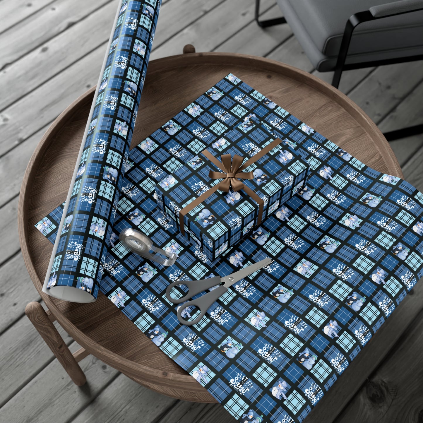 "Let It Snow"  Blue Plaid & Snowman Holiday Wrapping Paper Roll