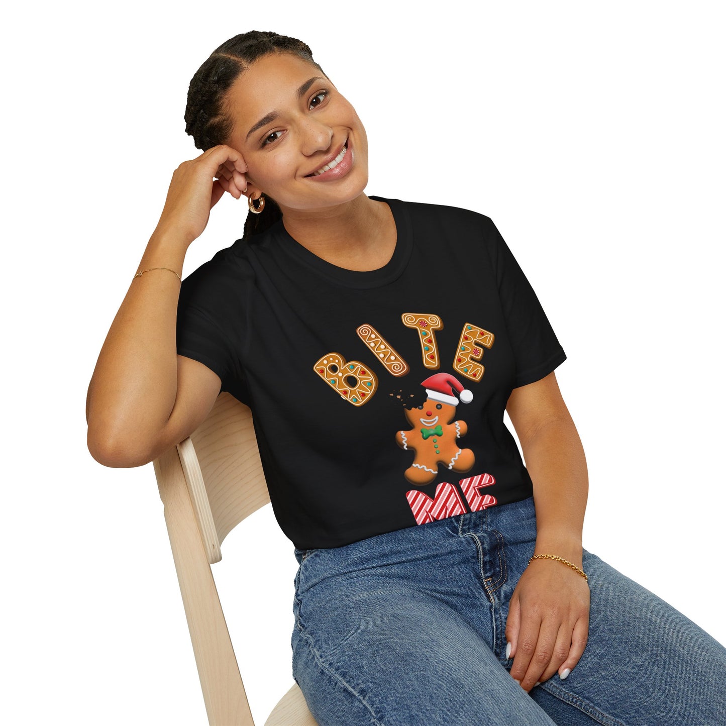 "Bite Me" Gingerbread Man Christmas Softstyle T-Shirt – Humorous Holiday Apparel