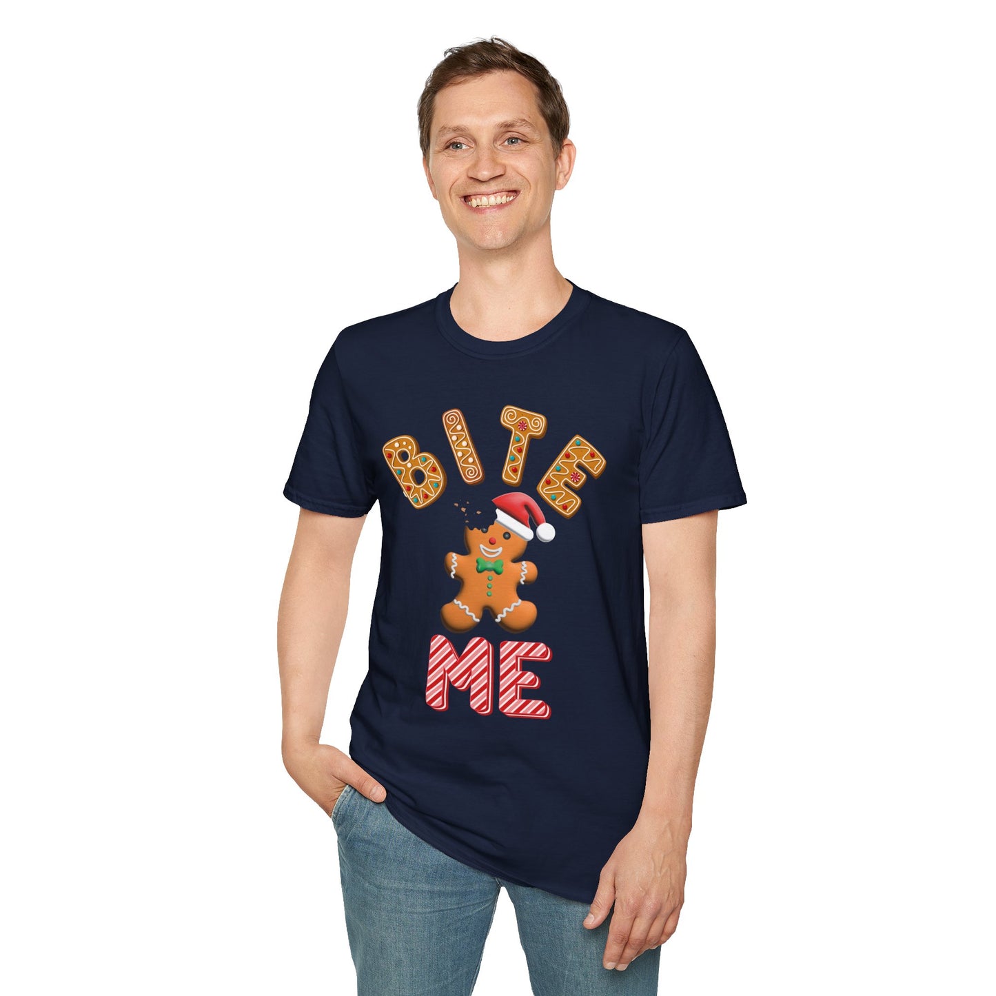 "Bite Me" Gingerbread Man Christmas Softstyle T-Shirt – Humorous Holiday Apparel