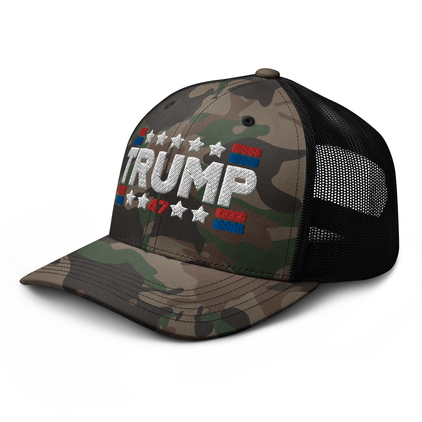 Trump 47 Camo Trucker Hat | Otto Black/Brown Camouflage Snapback