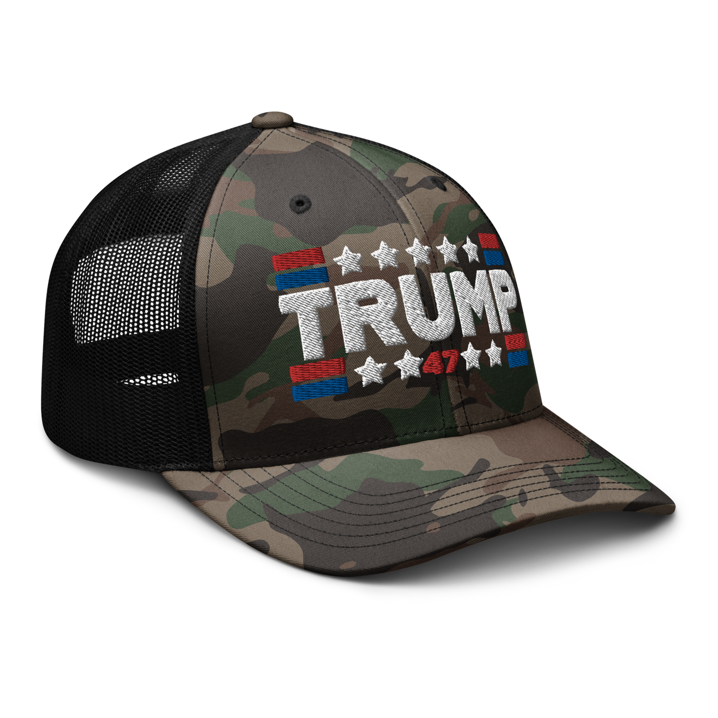 Trump 47 Camo Trucker Hat | Otto Black/Brown Camouflage Snapback