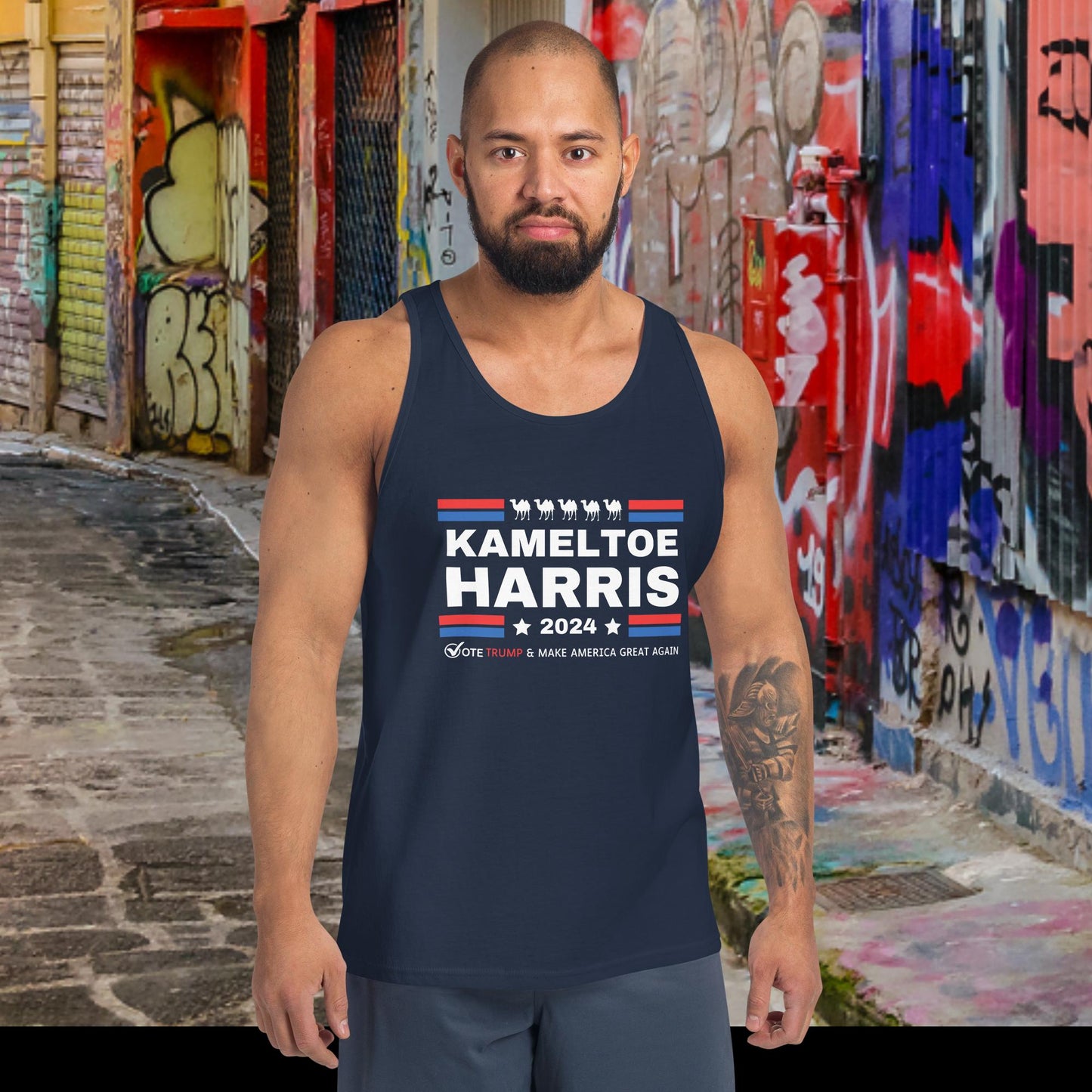 Kameltoe Harris 2024 - Vote Trump - Bella+Canvas Unisex Dark Tank Top